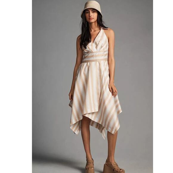 New Anthropologie Maeve Asymmetrical Wrap Shirt Dress $180 SIZE 14 Neutral Motif - Picture 6 of 10